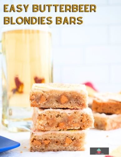 Easy Butterbeer Blondies Bars, deliciously rich & indulgent butterscotch bars. Fudgy, gooey and magical to eat. Ideal for a Harry Potter themed party & all Harry Potter fans!