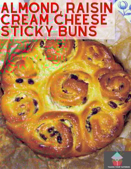 Almond, Raisin Cream Cheese Sticky Buns. These delicious rolls are so yummy, with ground almonds, raisins and cream cheese keeping them soft, sticky and sweet!