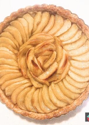 French Apple Tart, a delicious sweet, crumbly pastry tart with slices of apple sitting on a crisp pastry base. Ideal for dessert or to have with tea.