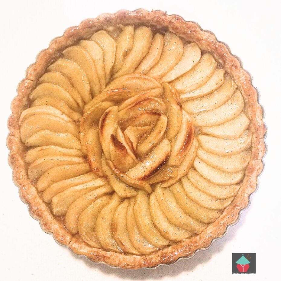 French Apple Tart, a delicious sweet, crumbly pastry tart with slices of apple sitting on a crisp pastry base. Ideal for dessert or to have with tea.