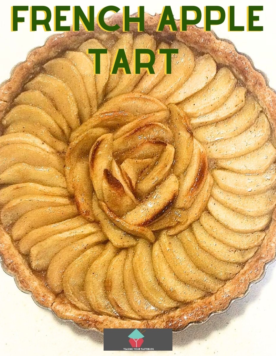 French Apple Tart, a delicious sweet, crumbly pastry tart with slices of apple sitting on a crisp pastry base. Ideal for dessert or to have with tea.