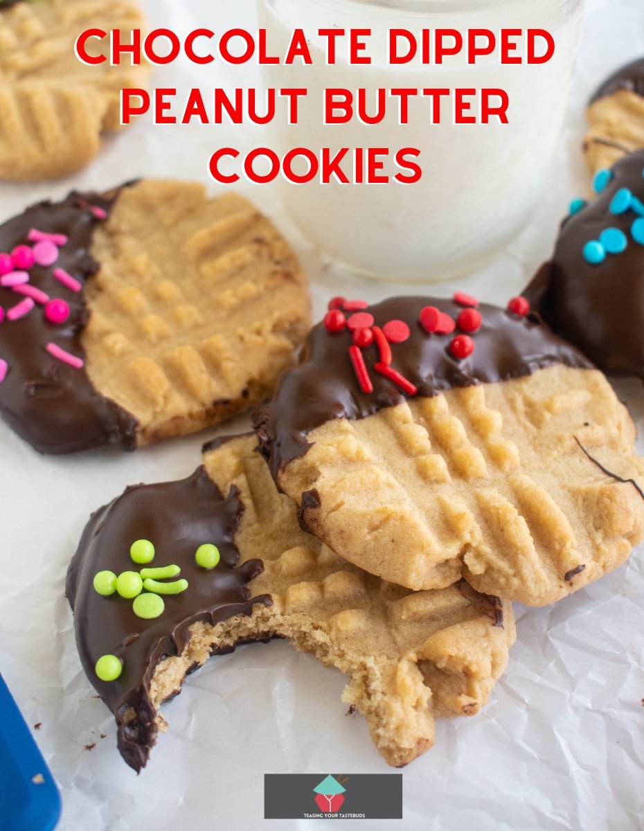 Chocolate Dipped Peanut Butter Cookies Classic peanut butter cookies dipped in chocolate and covered in sprinkles are delicious with a cold glass of milk. Creamy, crunchy and full of flavor. Easy recipe too!