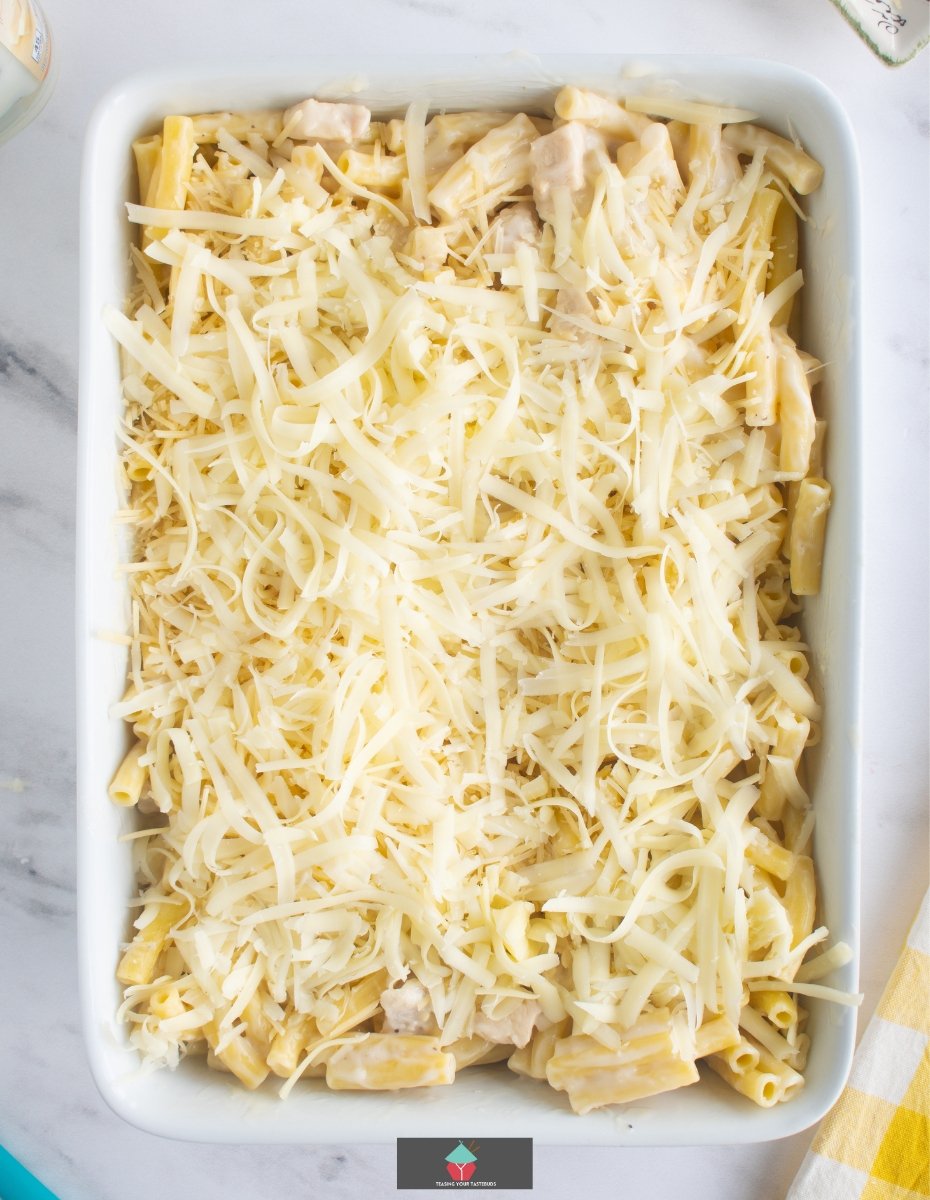 Chicken Alfredo Ziti Pasta Bake, add the two cheeses Chicken Alfredo Ziti Pasta Bake, add the two cheeses