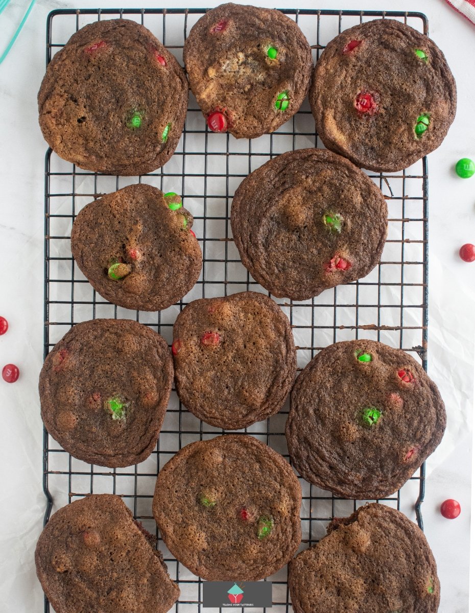 Crispy Chocolate M&M Cookies,showing baked cookies on cooling rack Crispy Chocolate M&M Cookies,showing baked cookies on cooling rack