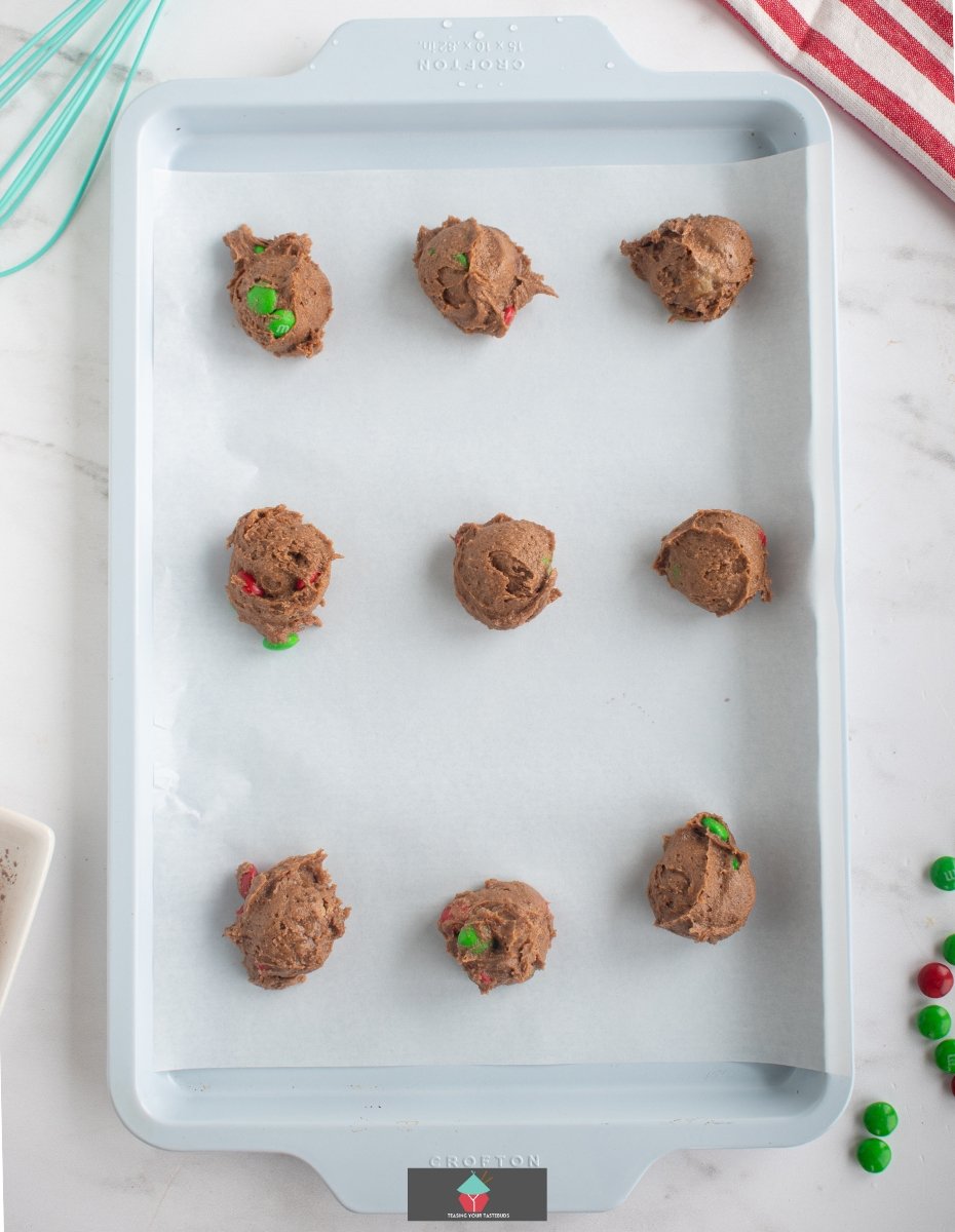 Crispy Chocolate M&M Cookies,showing cookie dough balls before baking Crispy Chocolate M&M Cookies,showing cookie dough balls before baking