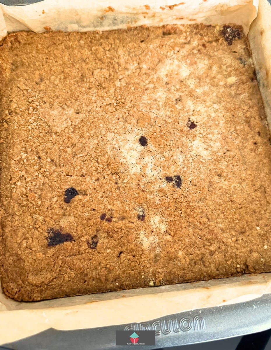 Chocolate Caramel Walnut Bars, base cooked