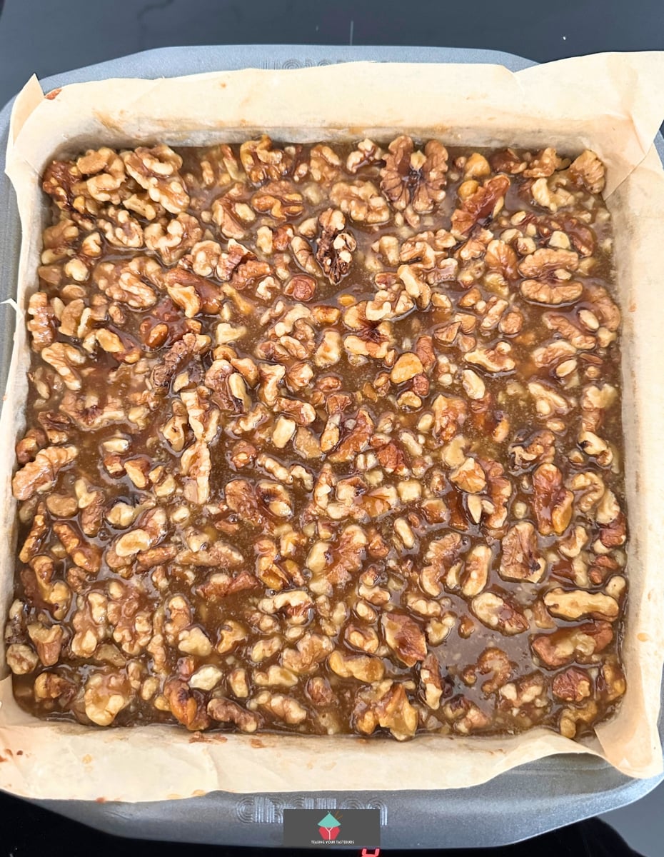 Chocolate Caramel Walnut Bars, caramel layer baked