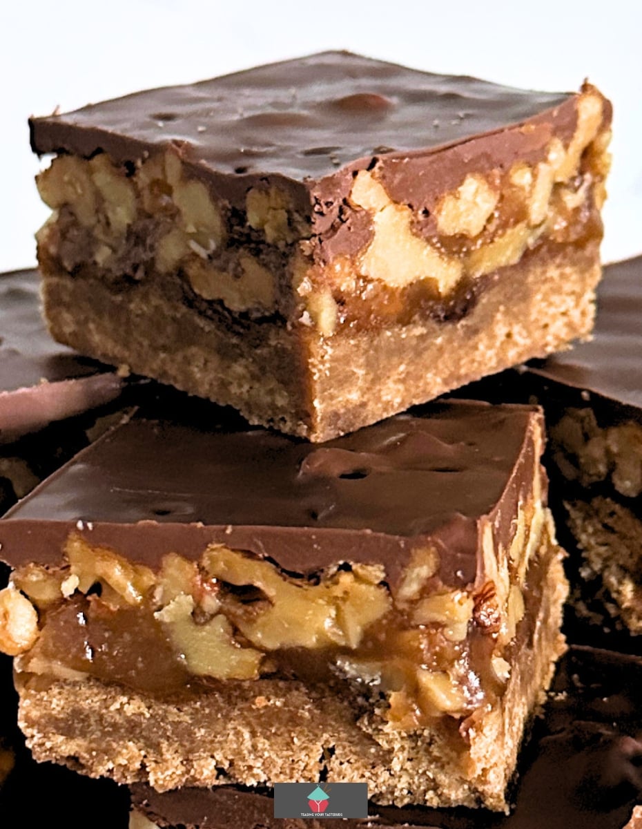 Chocolate Caramel Walnut Bars. These are so addictive! Easy to make and always popular! Flexible so you can use your favorite chocolate, like milk, dark, white and also use whatever nuts you love!