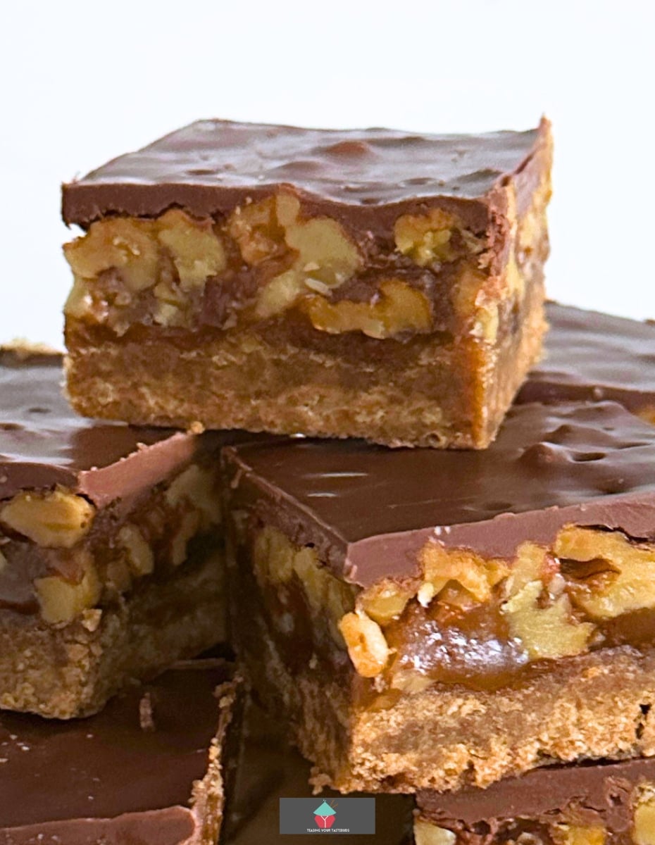 Chocolate Caramel Walnut Bars. These are so addictive! Easy to make and always popular! Flexible so you can use your favorite chocolate, like milk, dark, white and also use whatever nuts you love!