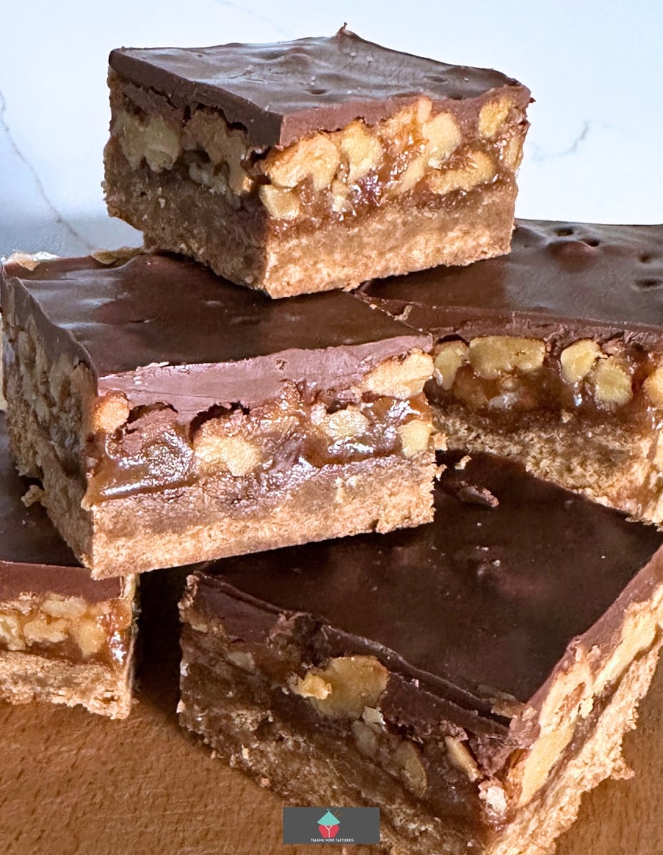 Chocolate Caramel Walnut Bars. These are so addictive! Easy to make and always popular! Flexible so you can use your favorite chocolate, like milk, dark, white and also use whatever nuts you love!