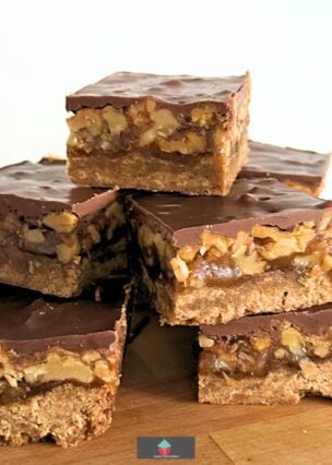 Chocolate Caramel Walnut Bars. These are so addictive! Easy to make and always popular! Flexible so you can use your favorite chocolate, like milk, dark, white and also use whatever nuts you love!